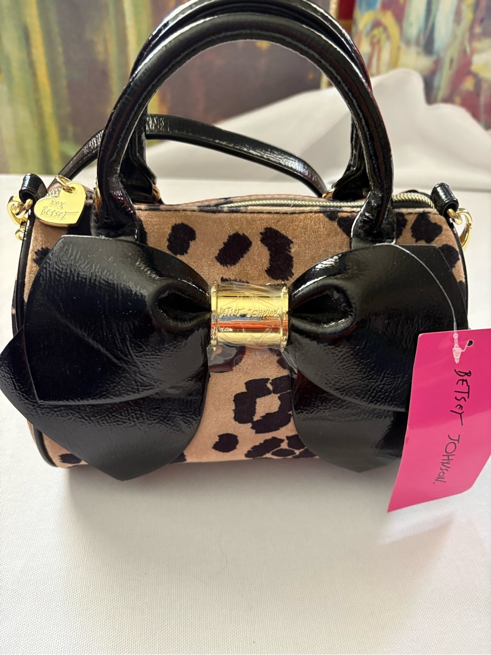 Betsey Johnson Leopard Mini Satchel and Crossbody with Black Patent Bow